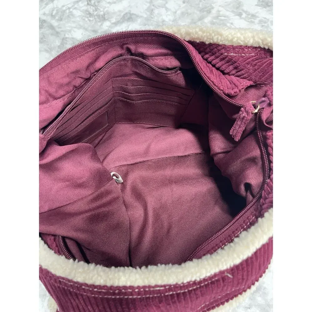 Y2K Indie Sleaze Burgundy Corduroy Sherpa Trim Shoulder Bag Unbranded Hobo Purse